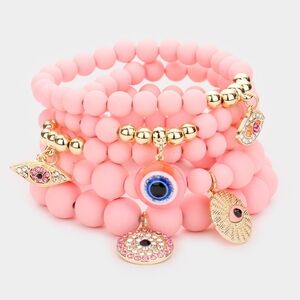 Pink And Gold Evil Eye Pendant Charms Crystal Beaded Stretch Bracelet